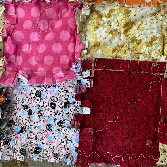 Handmade Patchwork Rag Quilt Multicolor Cross Design Shaggy Cotton Blanket 51x60 - Picture 7 of 8